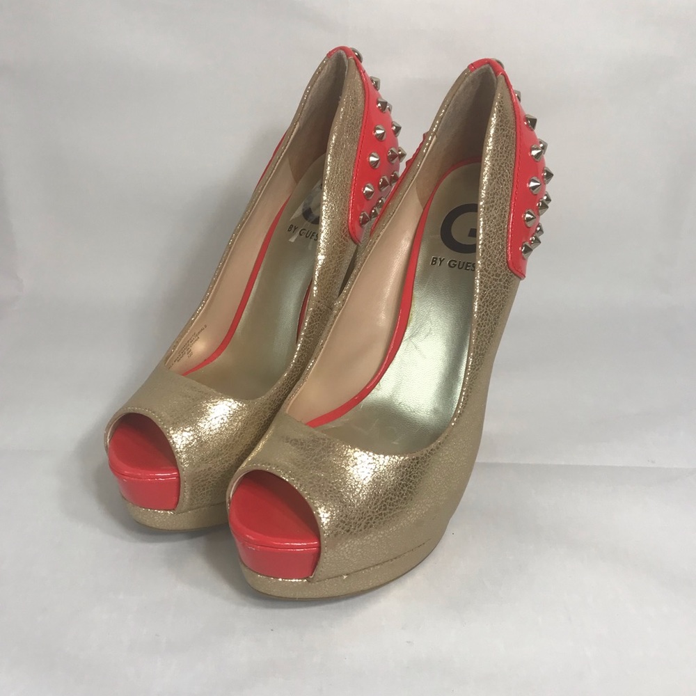 G by Guess Gold and Coral Studded Heels 6 platform